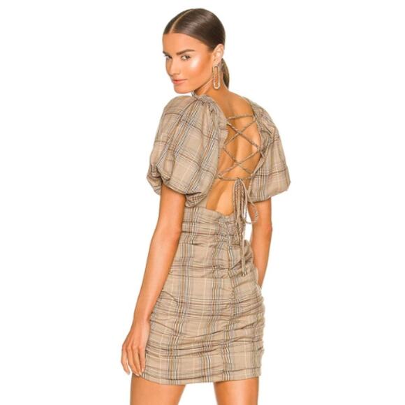MAJORELLE Darlene Mini Dress in Tan Plaid NWT Size Small - Picture 3 of 3